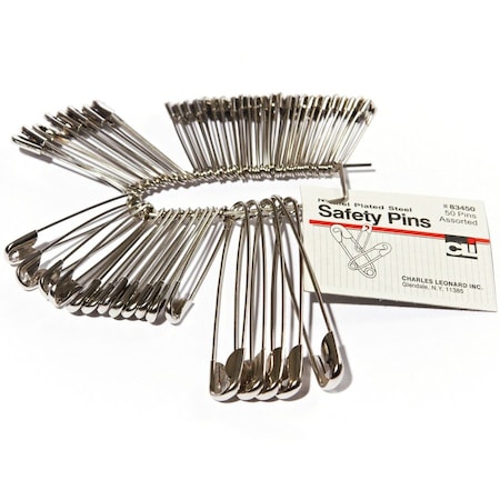 Cli Safety Pins, Assorted Sizes, Nickel Plated, 50 Ea/Pk, PK50 LEO83450